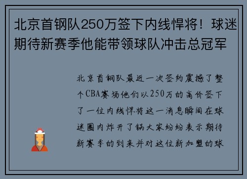 北京首钢队250万签下内线悍将！球迷期待新赛季他能带领球队冲击总冠军！
