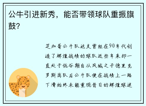 公牛引进新秀，能否带领球队重振旗鼓？