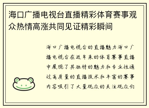 海口广播电视台直播精彩体育赛事观众热情高涨共同见证精彩瞬间