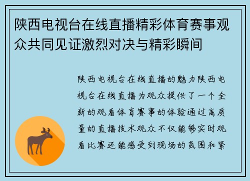 陕西电视台在线直播精彩体育赛事观众共同见证激烈对决与精彩瞬间